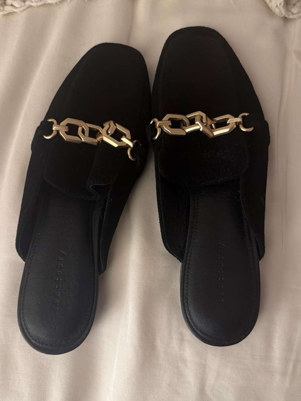 Sanctuary Black Slip-On Mules with Gold Chain Detail